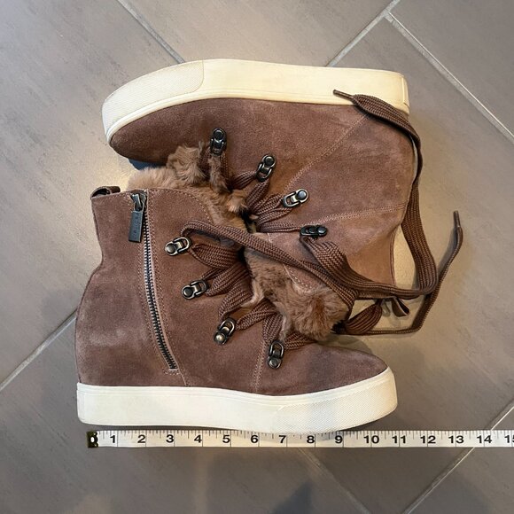 J/Slides NYC Whitney Taupe and Faux Fur Wedge Bootie Womens Sz 8.5 - Picture 3 of 8